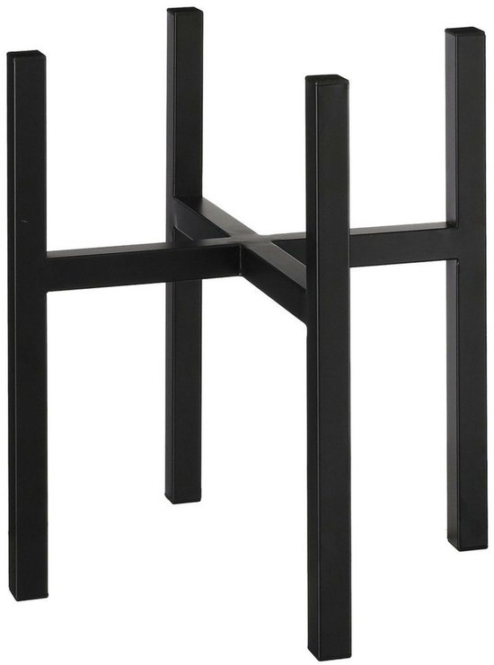 Support de plante noir en métal avec quatre pieds et un dessus en forme de croix.