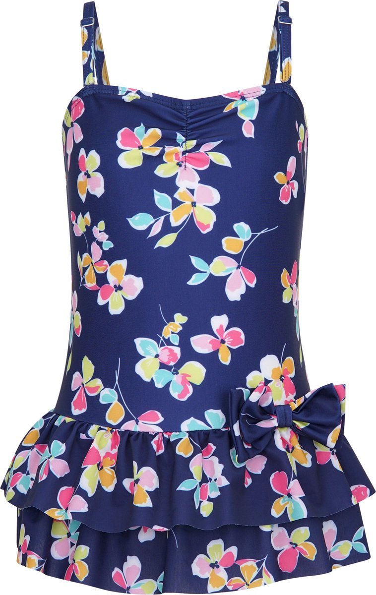 La V Badpak met bloemen donkerblauw 116-122