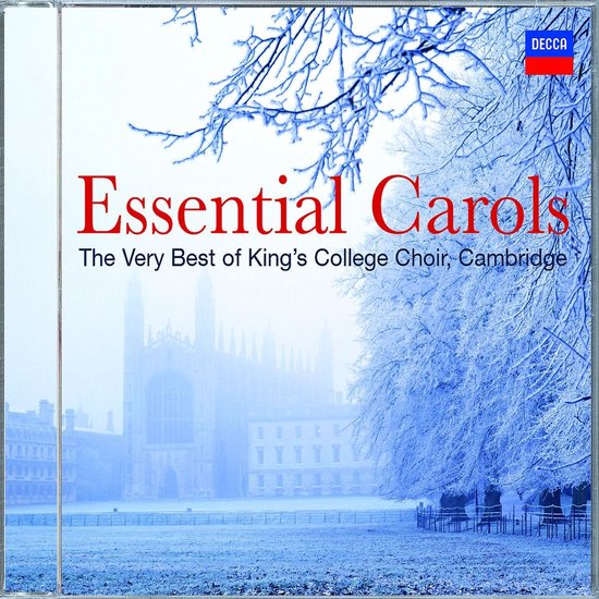CD hoes met tekst 'Essential Carols The Very Best of King's College Choir, Cambridge' op winterse achtergrond.