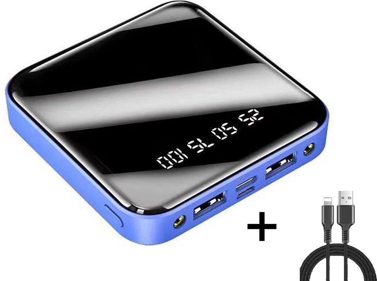 BAIK Powerbank 20000 mah Powerbank Blauw + Iphone oplaad kabel- Compact - (Dual 2.1A USB/Micro-USB/USB-C) - Mini Snellader Universeel Geschikt voor Samsung S21 / S20 / S10 plus / iPhone 13 / 12 / 11 of Tablets