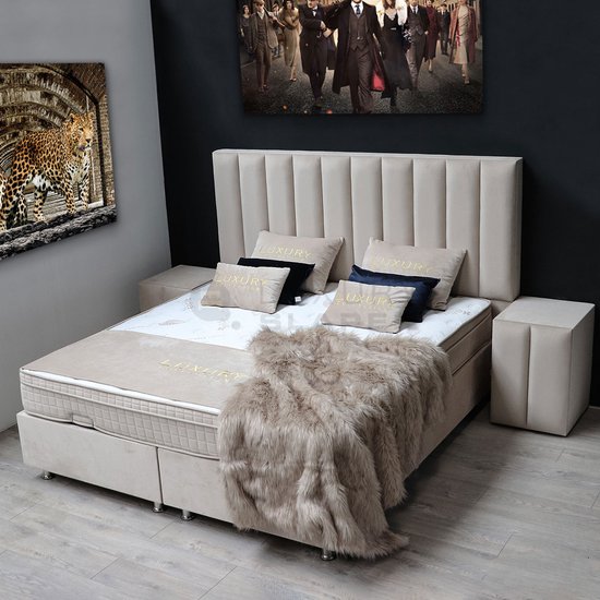 Boxspring bed met opbergruimte - 160x200 cm - opbergbed LEONAR - velvet beige - Eric Kuster stijl