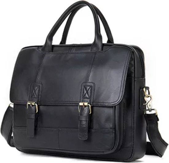 ROYALZ Boston Werktas voor heren, echt leer, 14-17 inch, leren tas voor heren, groot, vintage, schouderriem, schooltas, business, kantoor, reizen, Zwart, Large