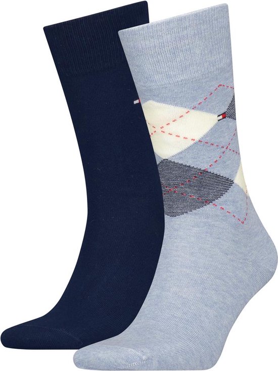 Tommy Hilfiger Sock Check (2-pack) - heren sokken - lichtblauw melange geruit - Maat: 39-42