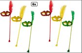 6x Masque pour les yeux Carnaval sur bâton rouge jaune vert 25cm x 10cm - Carnaval de Venise soirée à thème festival party fun
