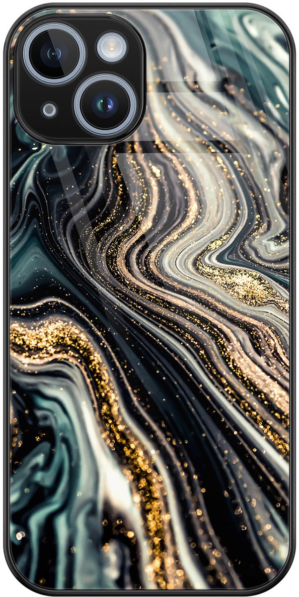 Hoesje geschikt voor iPhone 14 - Marmer swirl - Luxe Glazen Hardcase - Marmer - Multi - Leuke Telefoonhoesjes
