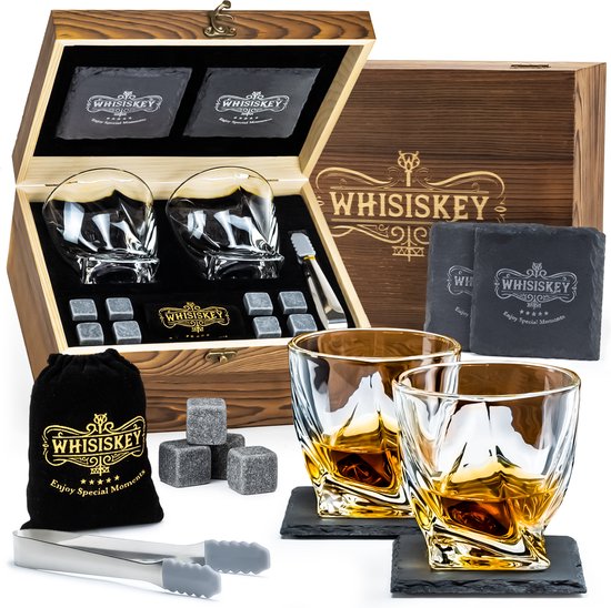 Whisiskey Luxe Whiskey Set - Incl. 2 Whiskey Glazen, 8 Whiskey Stones, 2 Onderzetters, Fluwelen Opbergzak, Opbergbox - Whisky Geschenkdoos - Glas - Herbruikbare IJsblokjes - Cadeau voor Man & Vrouw