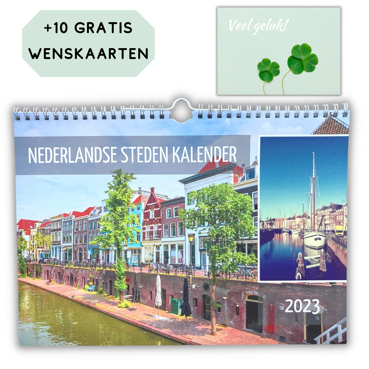 Kalender 2023 Wandkalender - Maandkalender - Nederlandse Steden - Maand - A4 - Incl. 10 Wenskaarten