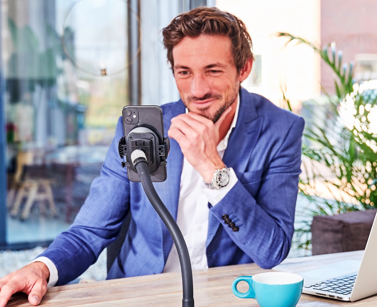 GOOS-E Telefoonhouder - telefoonstandaard - telefoon statief - met STERKE lange 75 cm HALS - 2-weg klem - Flexibel & Stijlvol - o.a. bureau, tafel, bed, hometrainer - NL design