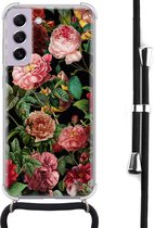Hoesje met koord - Geschikt voor Samsung Galaxy S21 FE - Rode bloemen - Verstelbaar zwart koord - Crossbody - Bloemen - Transparant - Leuke Telefoonhoesjes