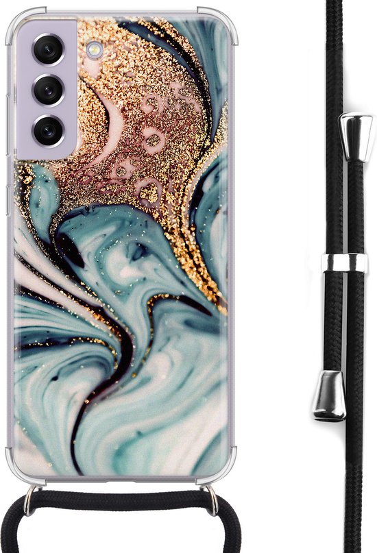 Coque Samsung Galaxy S21 FE avec cordon - Tourbillon bleu marbré - Coque en Siliconen - Antichoc - Cordon Zwart - Bandoulière - Coque arrière - Transparent, Blauw, Or