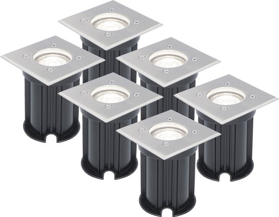 HOFTRONIC™ Set van 6 grondspots RVS vierkant 6000K GU10 IP65 waterdicht 3 jaar garantie dimbaar Grondspot buiten 230V