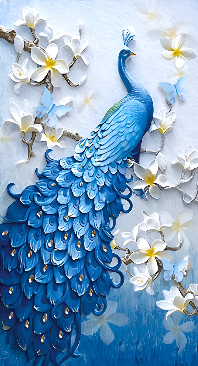 5D Diamond Painting 60x100cm - Pauw en magnolia- Volledige Set – Inclusief Pen Schudbakje Wax Opbergzakjes en Wit Stickers - Ronde steentjes- Dieren