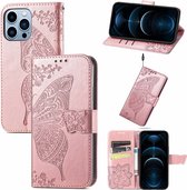 Étui en similicuir Smartphonica iPhone 12 Pro Max avec imprimé papillon - Or Rose / Goud / Book Case