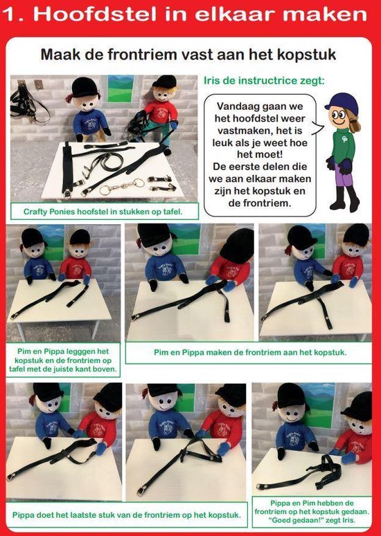 Instructieblad voor het maken van een hoofdstel met poppen die het proces demonstreren.