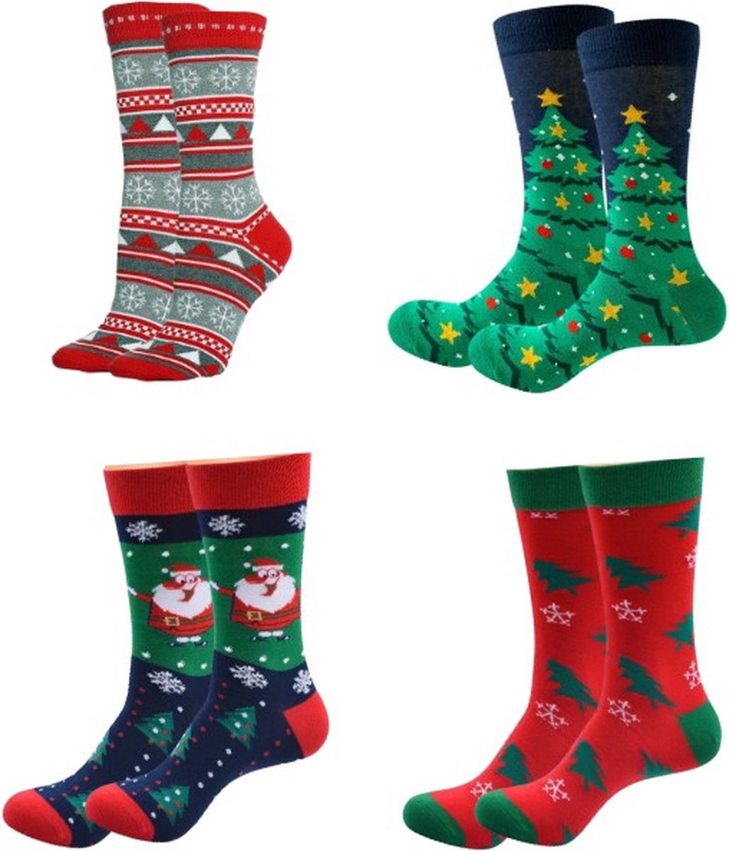 ASTRADAVI Christmas Socks - Sokken - 4 Paar Kerstsokken - Premium Katoenen Normale Sokken - 40/46 - Rood, Zwart, Groen, Marineblauw, Wit - Kerstcadeau Idee