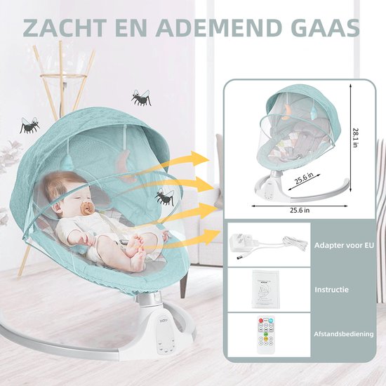 Luxiqo Elektrische Babyschommel - Wieg - Wipstoel - Muziek Via Bluetooth %e2%80%93 Verstelbaar %e2%80%93 0 36 Maanden %e2%80%93 Groen