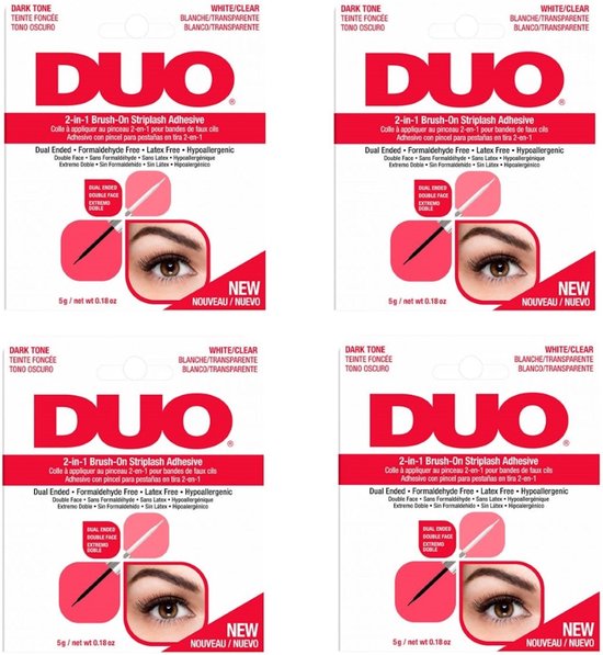 Vier verpakkingen Duo 2-in-1 Brush-On Striplash Adhesive met afbeeldingen van ogen en wimpers.