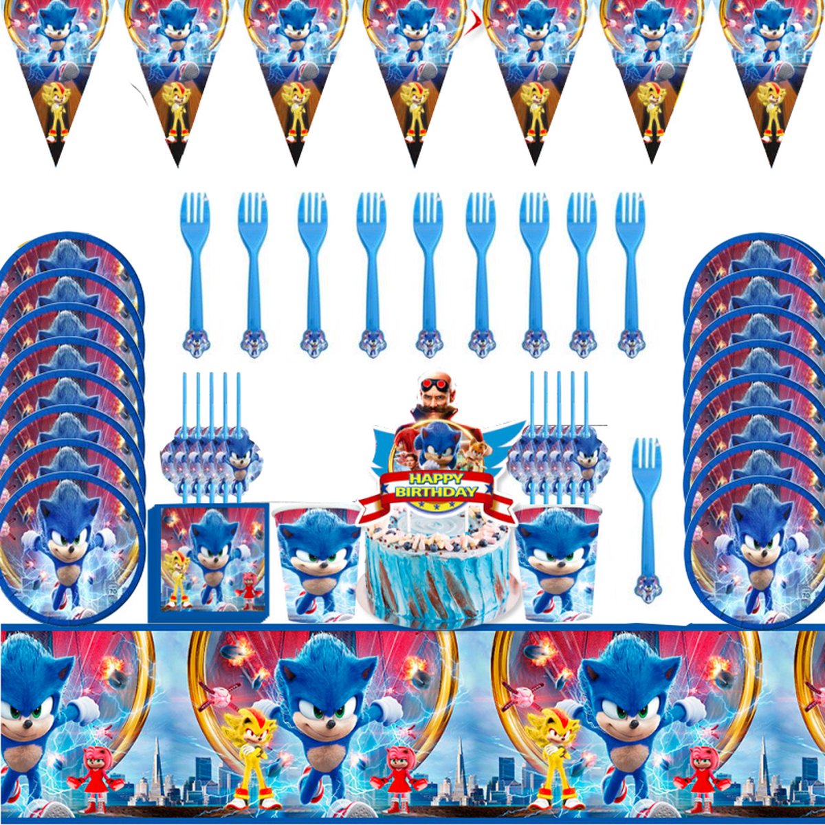 Kit Décoration Fête Anniversaire Sonic 66PZ Serviettes Assiettes