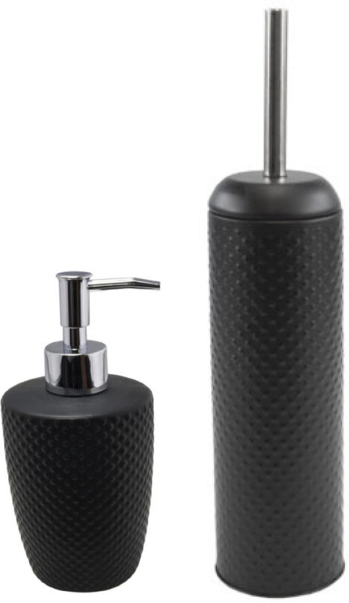 HI WC-/toiletborstel en houder kunststof zwart met zeeppompje 400 ml