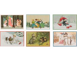 Nostalgische kerstkaarten - 6 stuks - Klassieke Vintage afbeeldingen - Winter - Sneeuw - Feestelijk - Jaarwisseling - Oude Brocante kerstkaarten