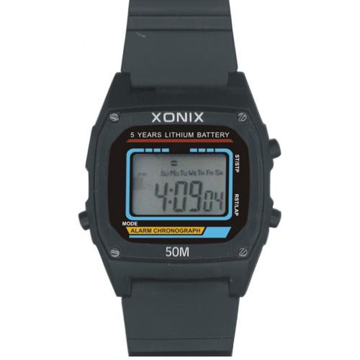 Xonix N28-BK - Horloge - Digitaal - Unisex - Rechthoek - Siliconen band - ABS - Cijfers - Achtergrondverlichting - Alarm - Start-Stop - Chronograaf - Waterdicht - 10 ATM - Zwart - Blauw