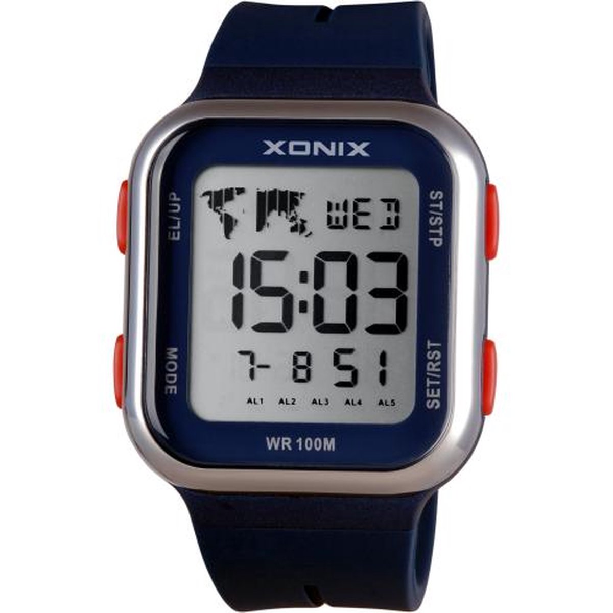 Xonix DAP-003 - Horloge - Digitaal - Unisex - Rechthoek - Siliconen band - ABS - Cijfers - Achtergrondverlichting - Alarm - Start-Stop - Chronograaf - Tweede tijdzone - Waterdicht - 10 ATM - Donkerblauw - Zilverkleurig - Rood