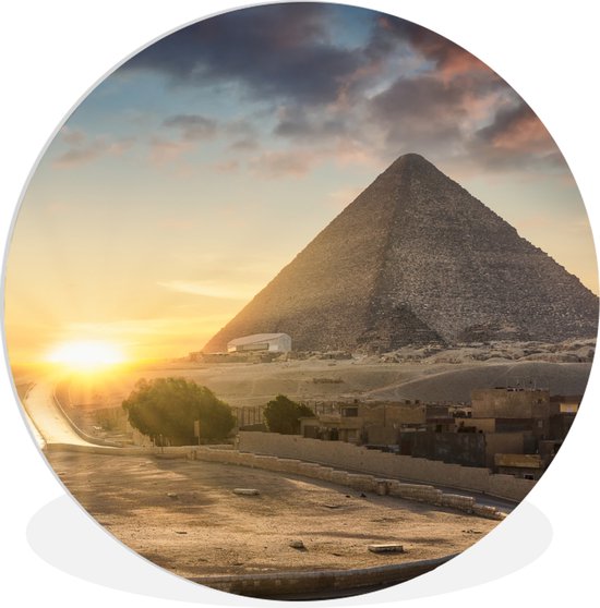 WallCircle - Wandcirkel ⌀ 140 - zonsondergang achter piramide Caïro - Egypte - Ronde schilderijen woonkamer - Wandbord rond - Muurdecoratie cirkel - Kamer decoratie binnen - Wanddecoratie muurcirkel - Woonaccessoires