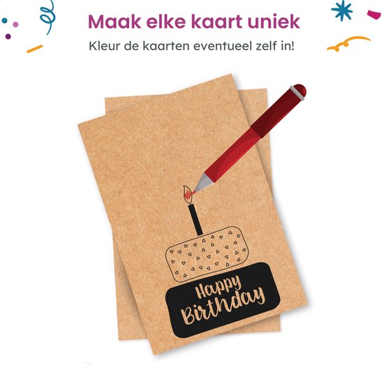 Partizzle 36x Kraft Verjaardag & Bedankt Wenskaarten Set - Verjaardagskaart Kaartjes - Ansichtkaarten met Enveloppen - Duurzaam - Partizzle®