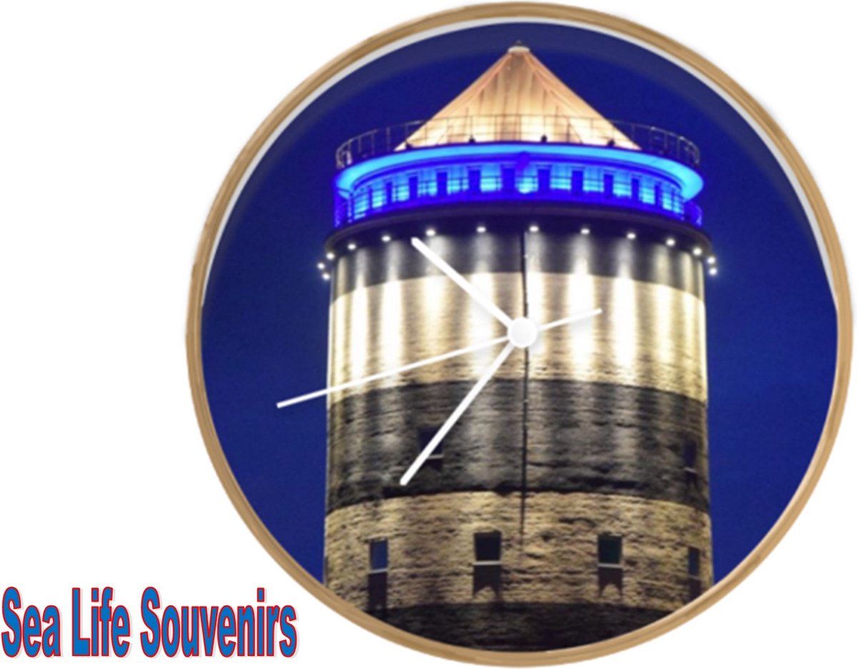 Klok Bredene - Ø 30 cm - watertoren Bredene bij nacht - Modern - Houtkleurige wandklok met foto
