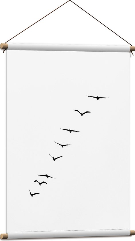 WallClassics - Textielposter - Schuine Lijn van Zwarrte Vogels op Witte Achtergrond - 60x90 cm Foto op Textiel