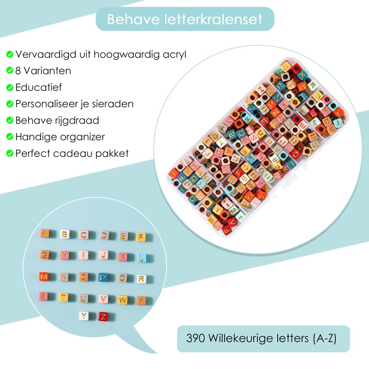 Behave Vierkante Letterkralen Set - Multi Color met Gouden Letters - Acryl - Kralen - Alfabet Kralen - 6mm - 390 Stuks — afbeelding 2