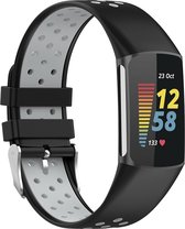 By Qubix - Geschikt voor Fitbit Charge 5 - Fitbit Charge 6 Sportbandje met gesp - Zwart - grijs - Tweekleurig - Maat: L - Smartwatch Band - Horlogeband - Polsband
