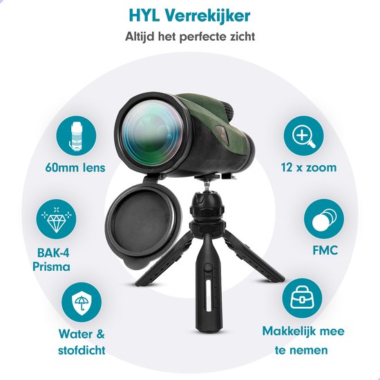 HYL Monokijker Verrekijker 2.0 - 12x60 – Monoculair met Handstrap & Statief – Verrekijker Compact - Monokijkers - Spotting Scope – Donkergroen - HYL