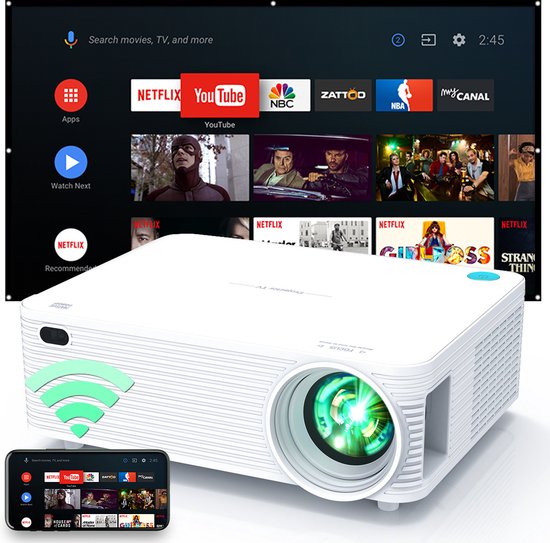 Chesto Beamer Android 9.0 - FULL HD (4K-Ondersteuning) - 9500 Lumen - Inclusief draagtas - Streamen vanaf je telefoon met wifi - Inclusief 100'' Projectiescherm
