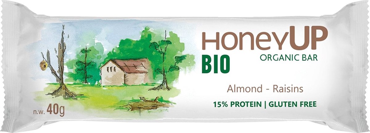 HoneyUp Energy Snack Amandelen en Rozijnen 40gr 4 stuks | Organic Energie Sportvoeding Noten 15,8gr koolhydraten