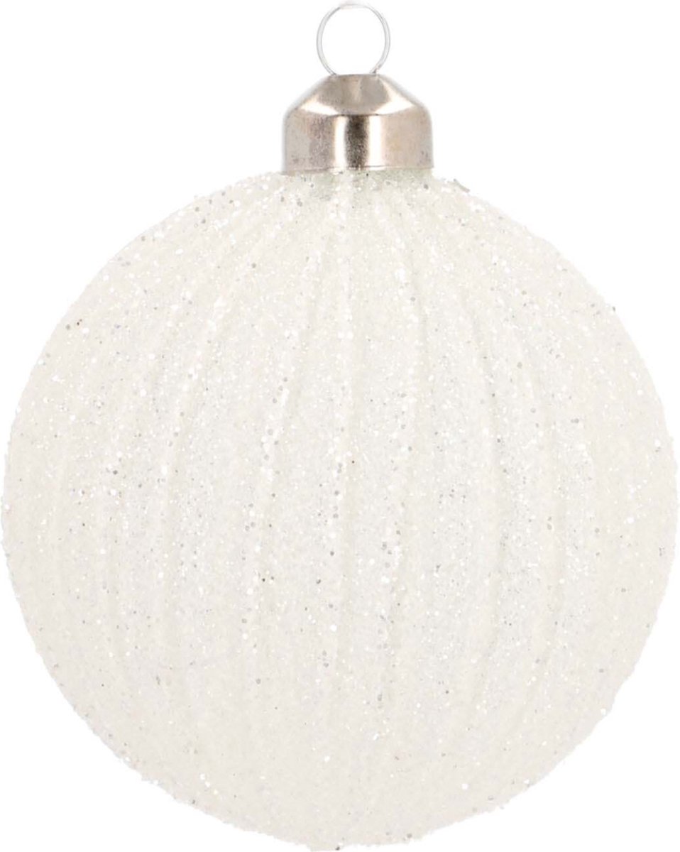 Oneiro's luxe Glazen kerstbal | Wit met glitters en lijnen | 8 cm - kerstbal - luxe verpakking – kerstcollectie – kerstdecoratie – kerstboomhanger – kerstversiering