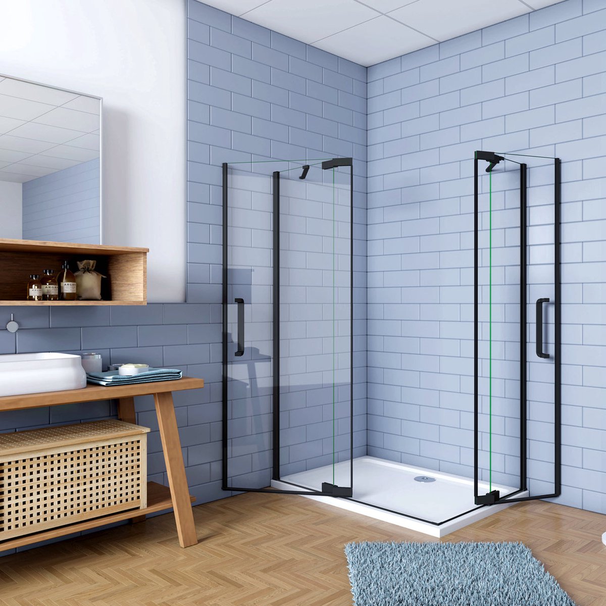 90x90x195cm Douchecabine Vierkant Hoekinstap Draaideur Antikalk Helder Glas Mat Zwart Profiel 8mm Veiligheidsglas