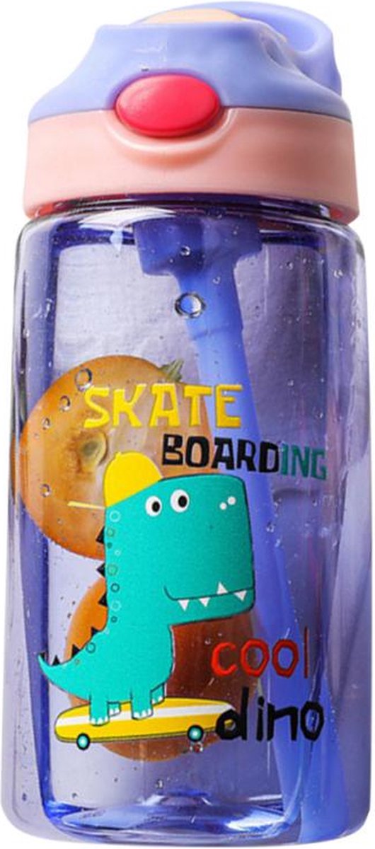 Dino Skate Boarding Drinkfles met Rietje - BPA-vrij - Tritan Hoge Kwaliteit 480 ml