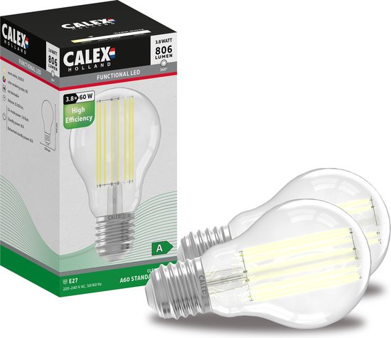 L'ampoule LED à filament Calex - Set de 2 pièces - Lampe A-Label haute efficacité 3.8 W - Source de lumière E27 - Lumière Blanc