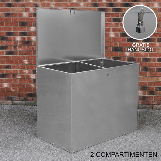 Conteneur alimentaire en métal - 64 litres - 89x68x126cm - 2 compartiments - galvanisé - cadenas - bétail - baril d'alimentation