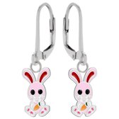 Oorbellen meisje | Zilveren kinder oorbellen | Zilveren oorhangers, roze konijn met wortel