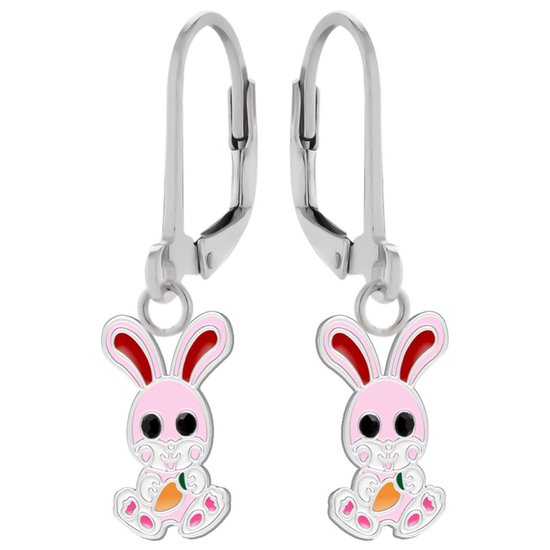 Oorbellen meisje | Zilveren kinder oorbellen | Zilveren oorhangers, roze konijn met wortel