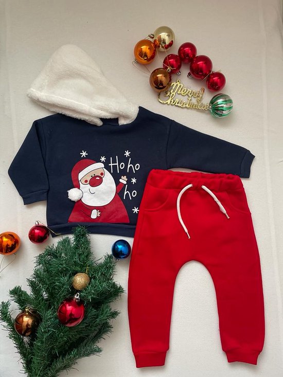 Kerstkleding Babyset Kinderenset - 2 Stukken - Ho ho ho Santa Claus  - Rood Marineblauw - 4-5 Jaar - %100 Katoen Gezond - Kerstcadeaus Voor Baby Kinderen
