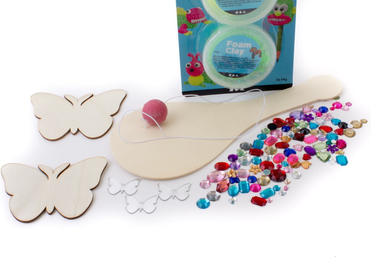 Creatief knutselen pakket foam clay batje met bal peddelbal vlinder