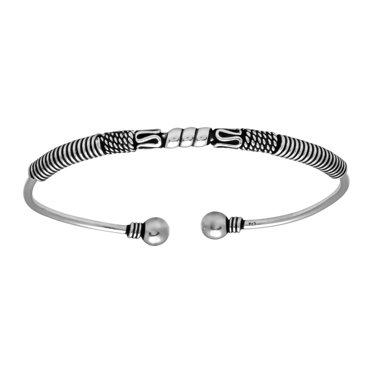 Zilveren armband vrouw | Zilveren bangle armband met Bali details, gevlochten banden en bolletjes