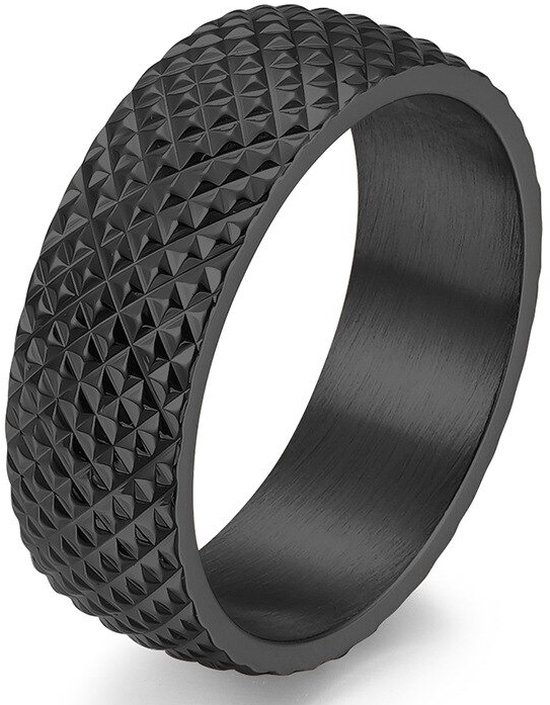Ring Heren Zwart - Gekarteld - Staal - Ringen - Cadeau voor Man - Mannen Cadeautjes