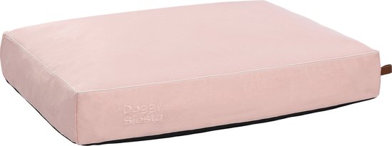 Roze bank met witte bies en 'Doggy Siësta' logo.