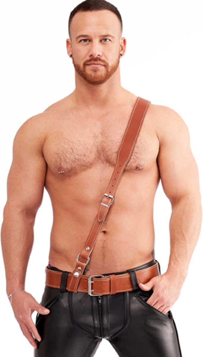 Mister B leren Sam Belt gestikt- bruin Large