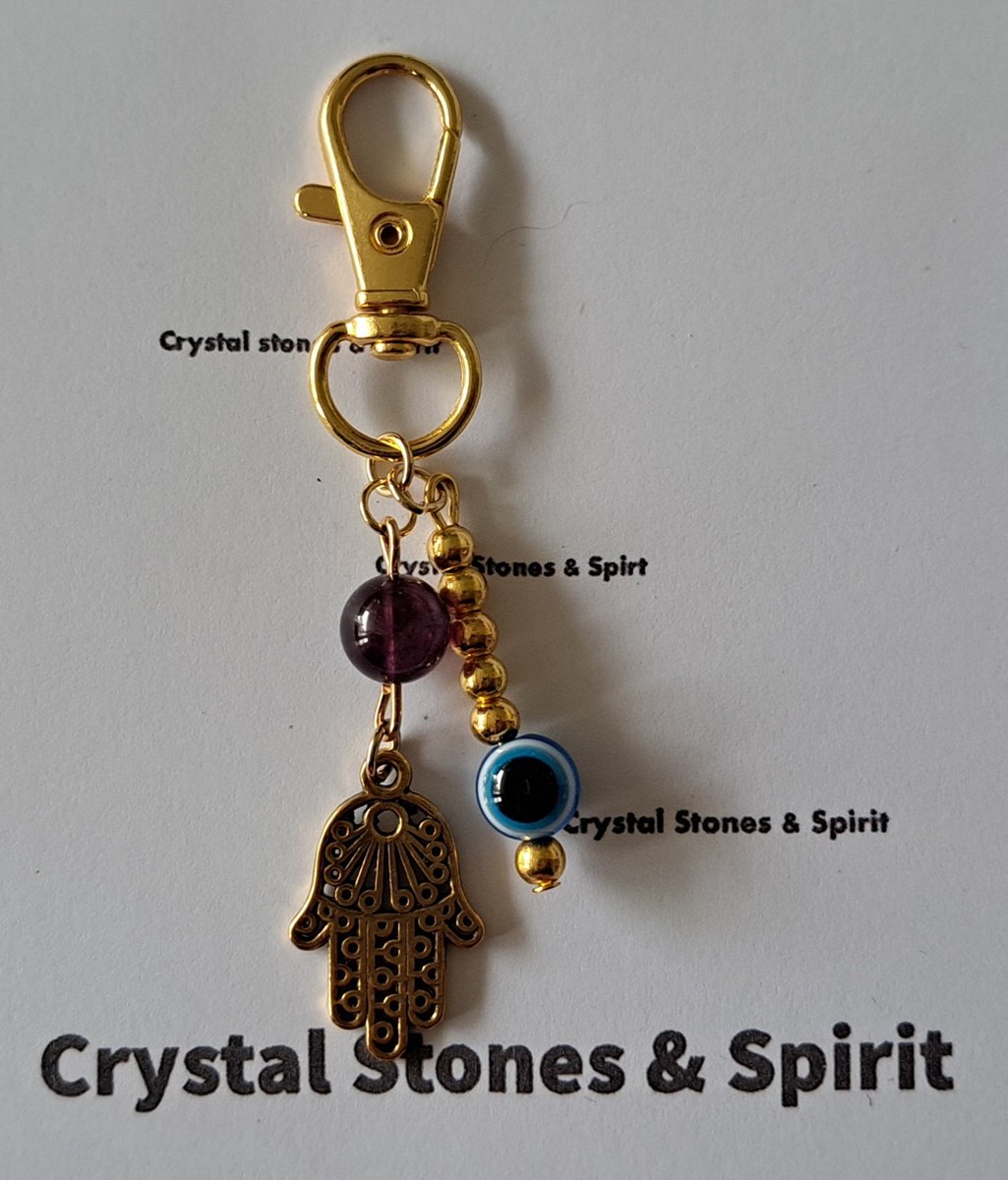 Boze Oog / Khamsa "Amethist", sleutelhanger goudkleurig