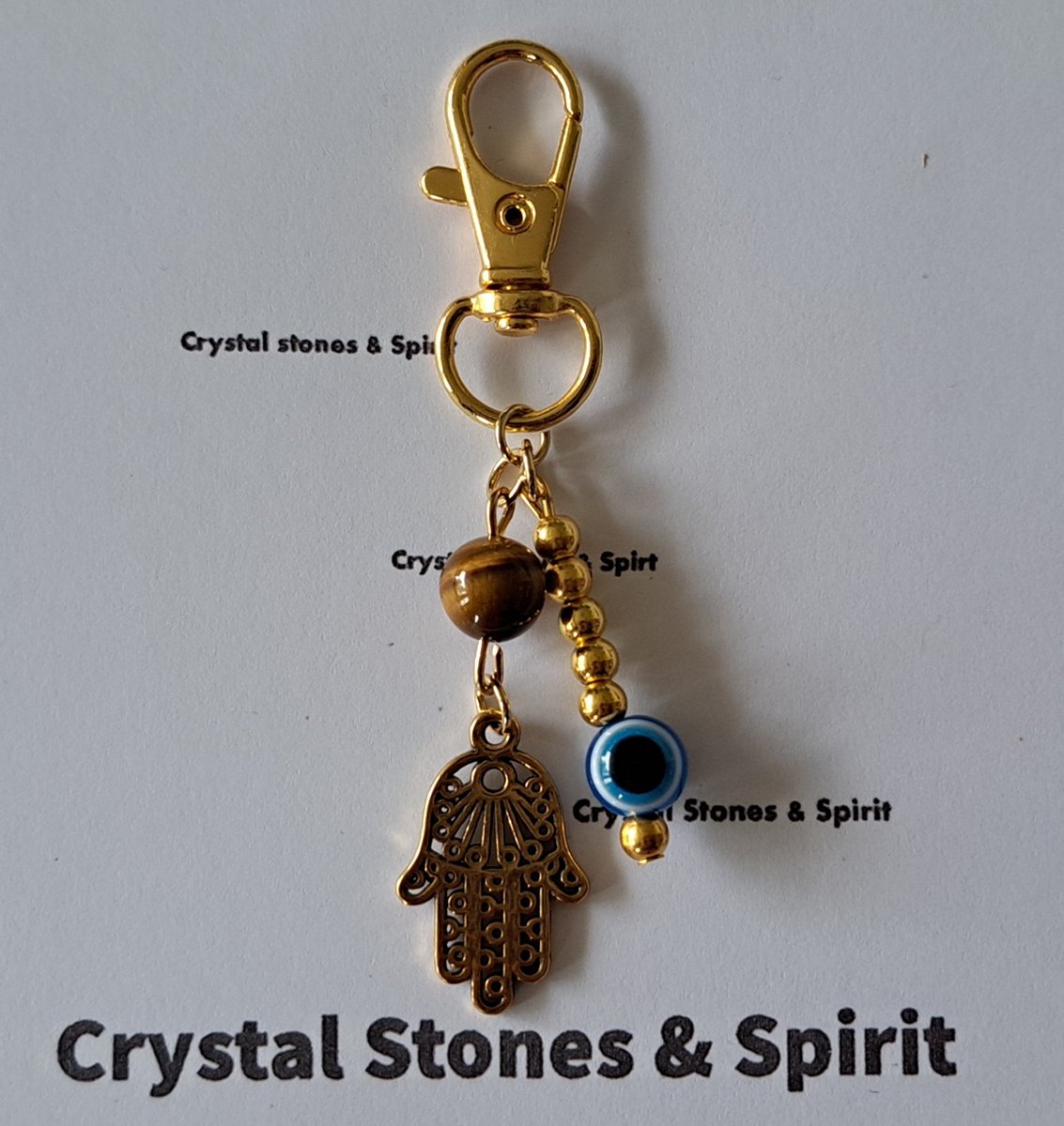 Boze Oog / Khamsa met "Tijgeroog Goud", sleutelhanger goudkleurig